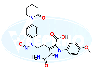 3-carbamoyl-1-(4-methoxyphenyl)-4-(2-(nitroso(4-(2-oxopiperidin-1-yl)phenyl)amino)ethyl)-1H-pyrazole-5-carboxylic acid 3-carbamoyl-1-(4-methoxyphenyl)-4-(2-(nitroso(4-(2-oxopiperidin-1-yl)phenyl)amino)ethyl)-1H-pyrazole-5-carboxylic acid