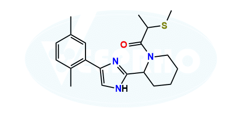 1-(2-(4-(2,5-dimethylphenyl)-1H-imidazol-2-yl)piperidin-1-yl)-2-(methylthio)propan-1-one 1-(2-(4-(2,5-dimethylphenyl)-1H-imidazol-2-yl)piperidin-1-yl)-2-(methylthio)propan-1-one
